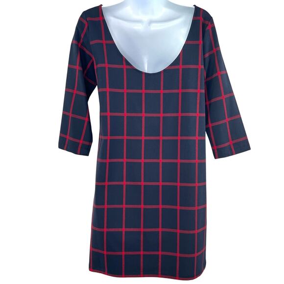 MNG By Mango Womens Size XXS Navy Red Check 3/4 Sleeve Shift Mini Dress NWT - Picture 10 of 14